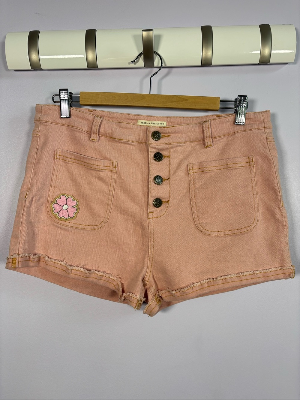 Spell & The Gypsy Rare Peach-Pink Denim Button-Front Shorts Size Large